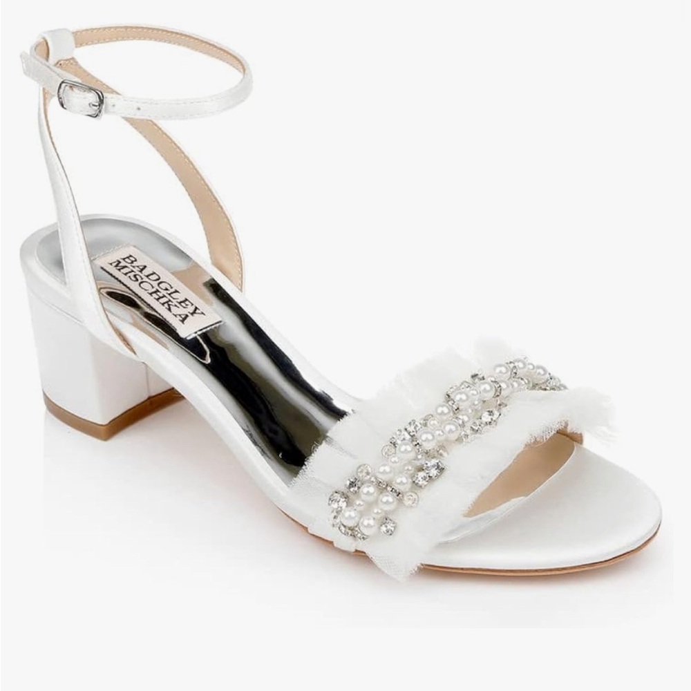 Badgley Mischka White Embellished Ankle-Strap Block Heel Sandals